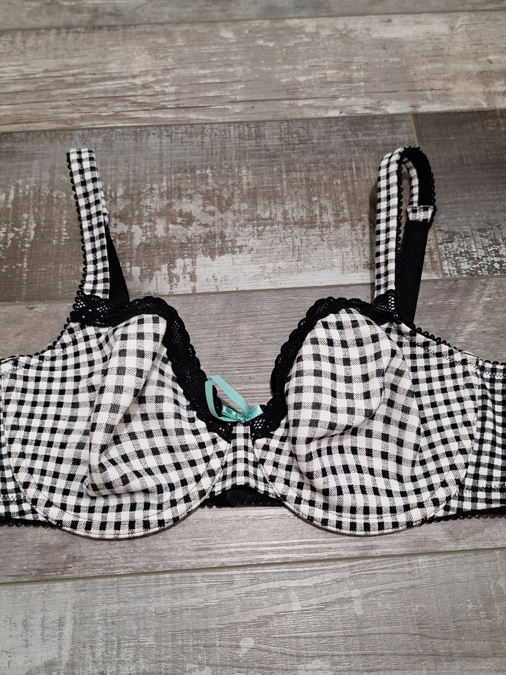 Cacique Black & White Gingham Check Underwire Bra with Mint Accent
